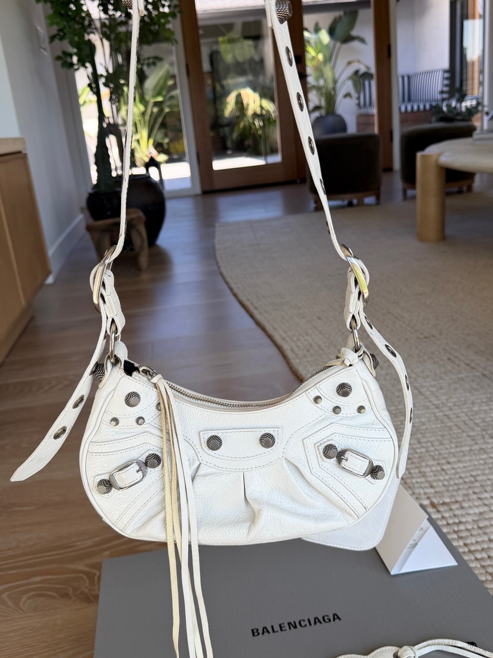 Balenciaga White Leather Crescent Shoulder Bag with Stud Details